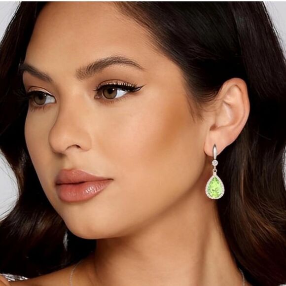 14K White Gold with Peridot Green Cubic Zirconia Teardrop Hook Dangle Earrings - Picture 3 of 5